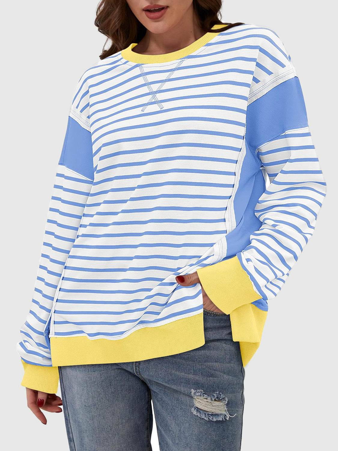 Slit Exposed Seam Striped Long Sleeve Sweatshirt-Sweaters-Krush Kandy, Women's Online Fashion Boutique Located in Phoenix, Arizona (Scottsdale Area)