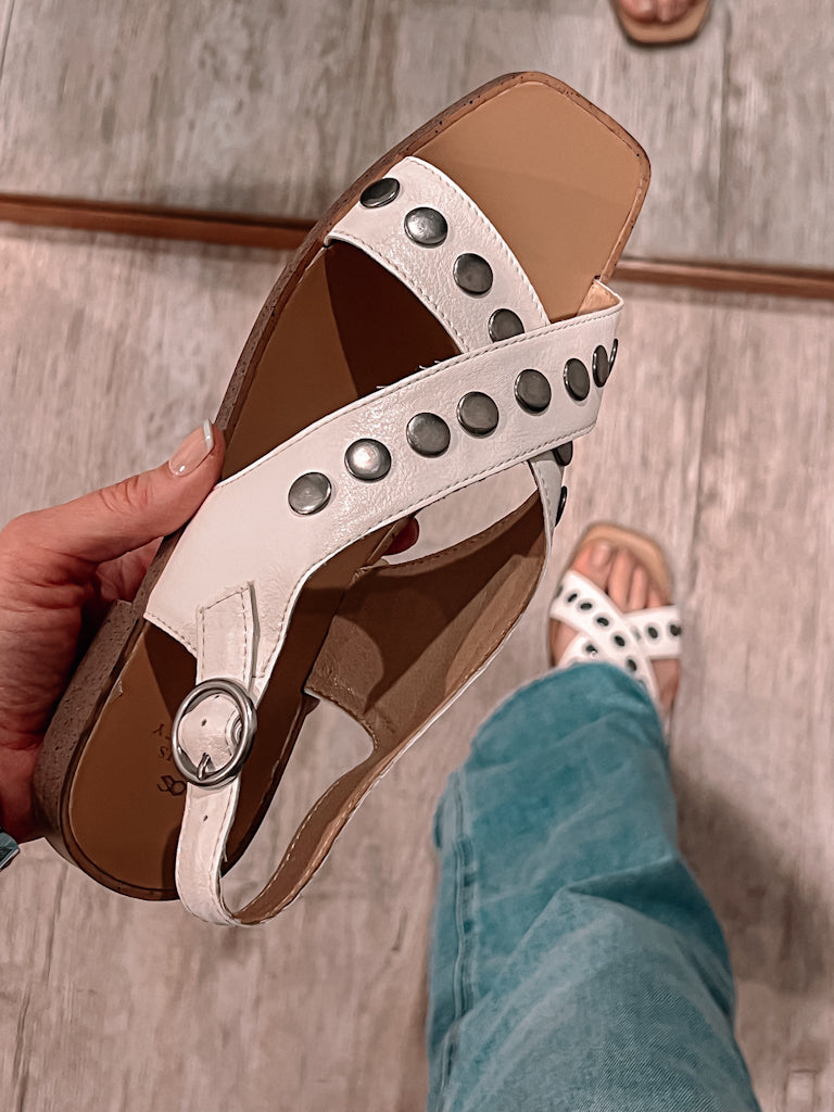 The Kylie White | Studded Cross Band Sandal-Sandals-Krush Kandy, Women's Online Fashion Boutique Located in Phoenix, Arizona (Scottsdale Area)