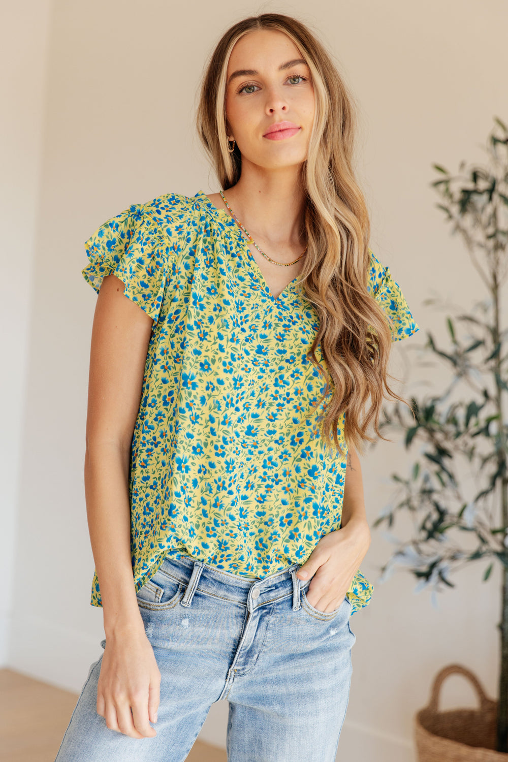 Anywhere We Go Flutter Sleeve Top in Blue Combo-Short Sleeve Tops-Krush Kandy, Women's Online Fashion Boutique Located in Phoenix, Arizona (Scottsdale Area)