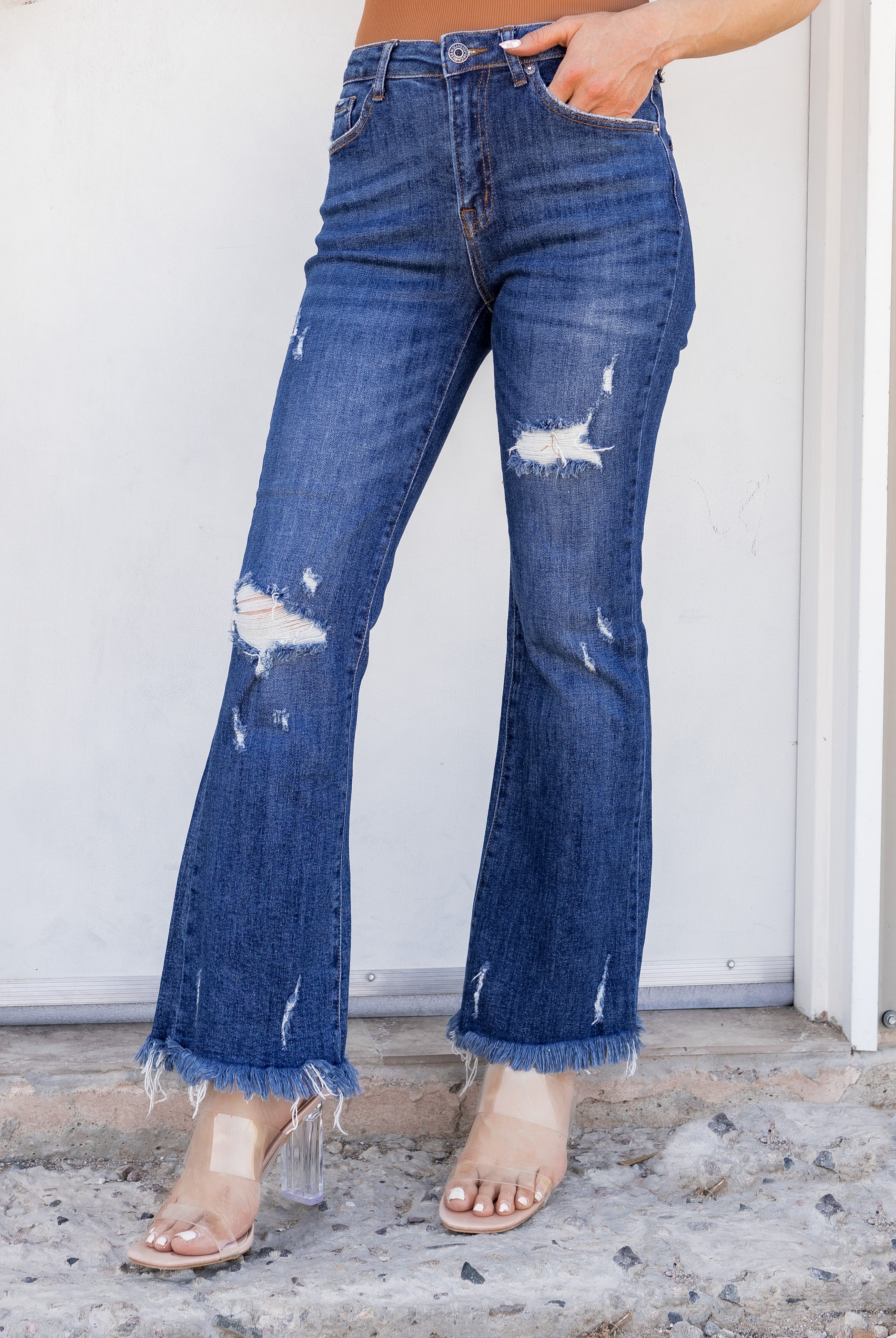 RISEN Fun and Fab Mid Rise Distressed Flare Jean | 2 Washes, Reg/Plus-Jeans-Krush Kandy, Women's Online Fashion Boutique Located in Phoenix, Arizona (Scottsdale Area)