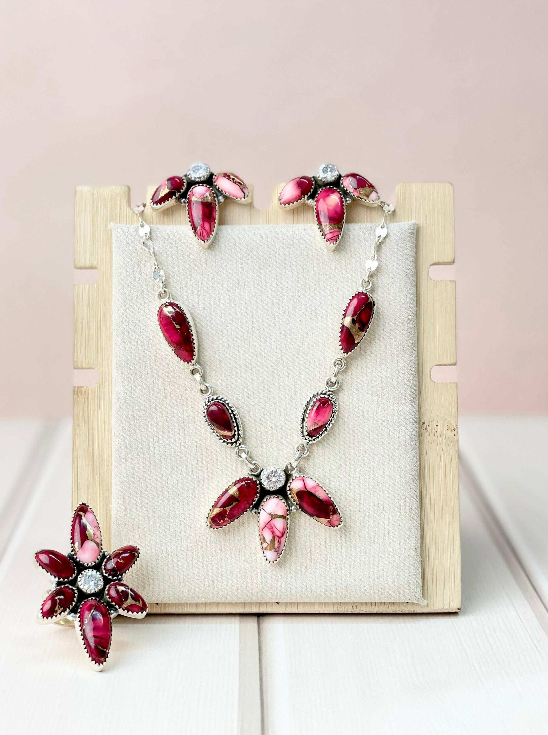 Red Rose Dahlia 3 Petal Set-Necklaces-Krush Kandy, Women's Online Fashion Boutique Located in Phoenix, Arizona (Scottsdale Area)