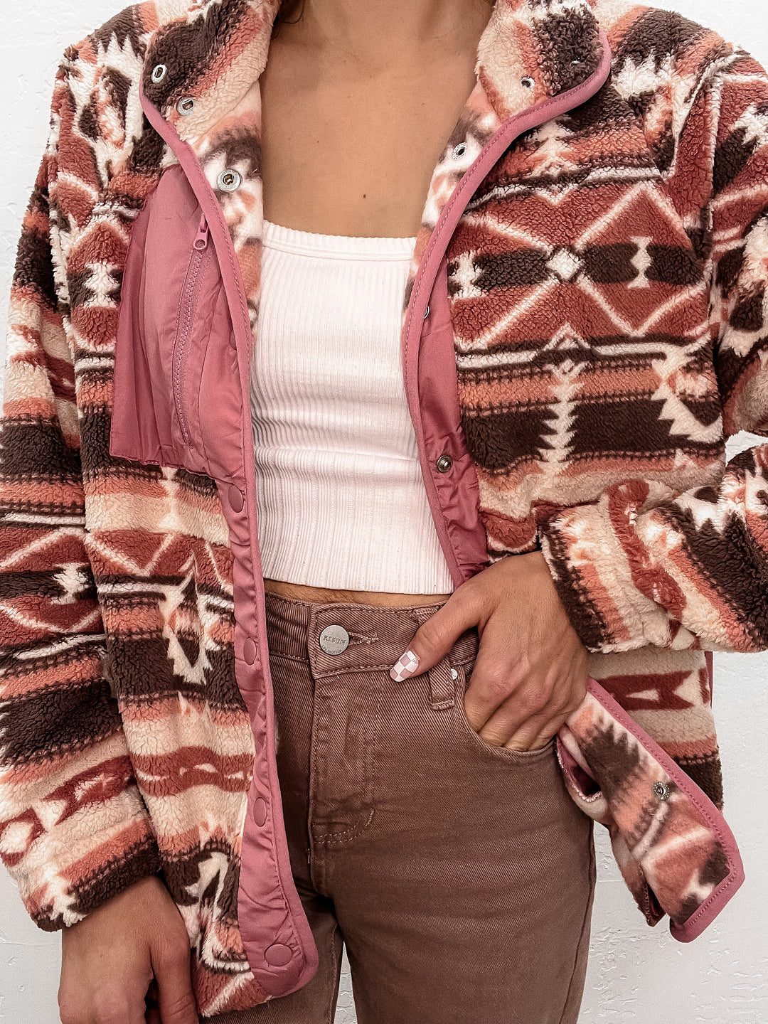 Pink Boho Western Aztec Fleece Snap Button Jacket | S-2X-Jackets-Krush Kandy, Women's Online Fashion Boutique Located in Phoenix, Arizona (Scottsdale Area)