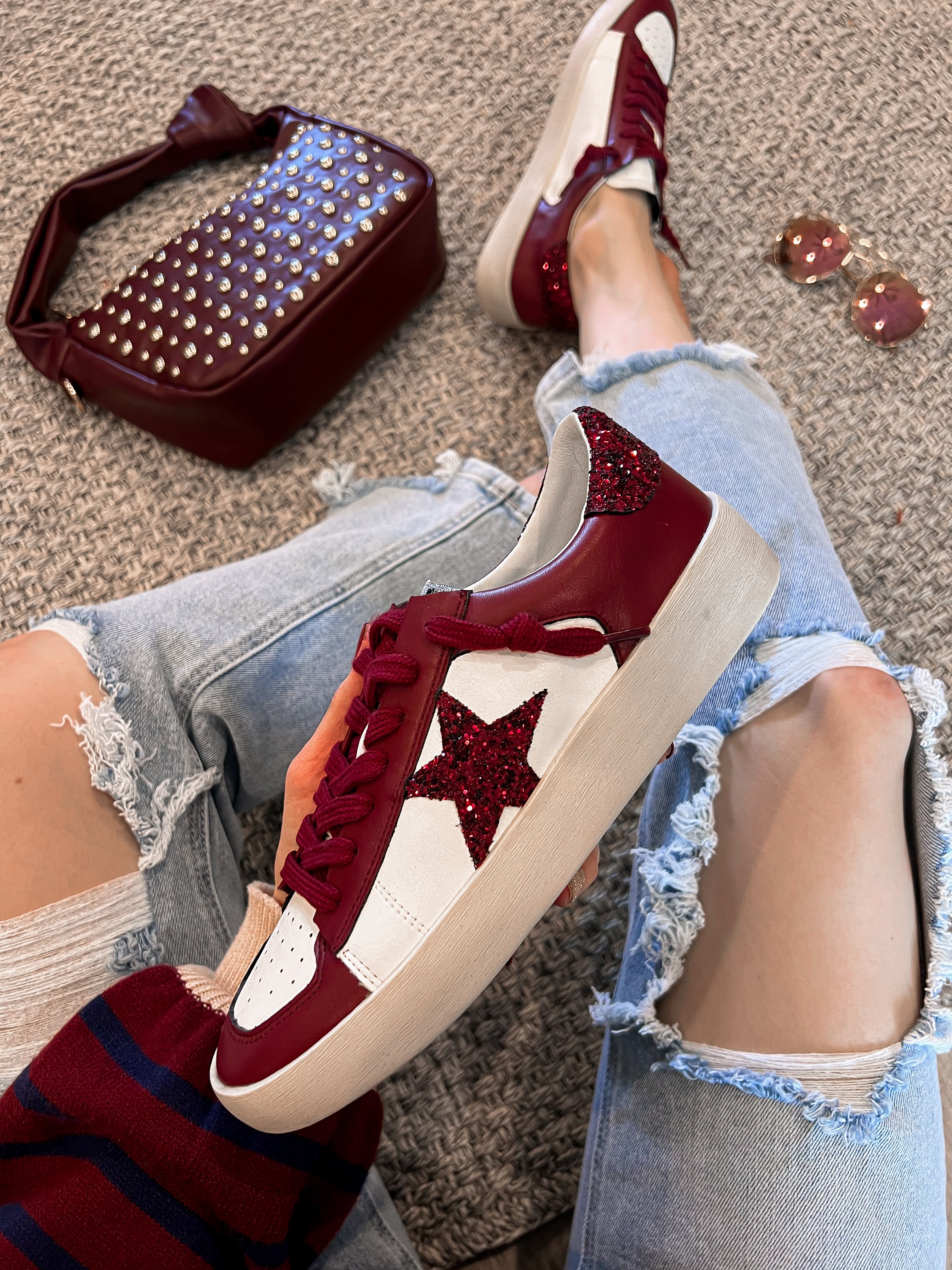 Stardust Glam: Burgundy Glitter Star Sneakers-Sneakers-Krush Kandy, Women's Online Fashion Boutique Located in Phoenix, Arizona (Scottsdale Area)