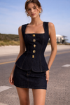 Navy Button Front Peplum Top