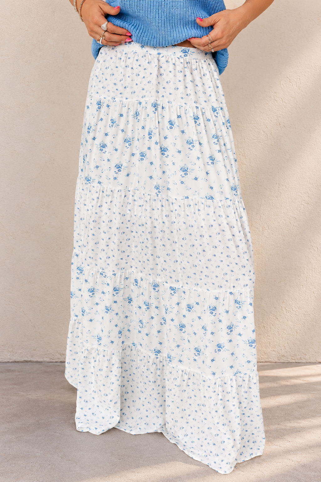Blue Knit Top and Floral Maxi Skirt.png