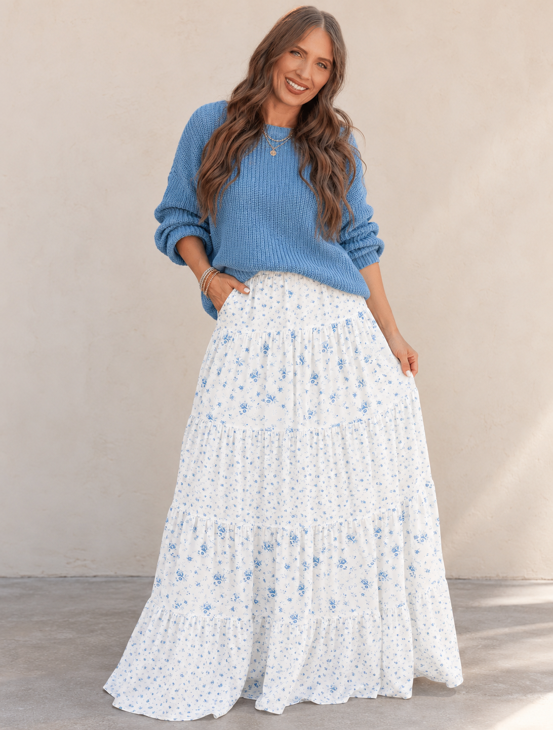 Blue Sweater, Floral Tiered Skirt.png