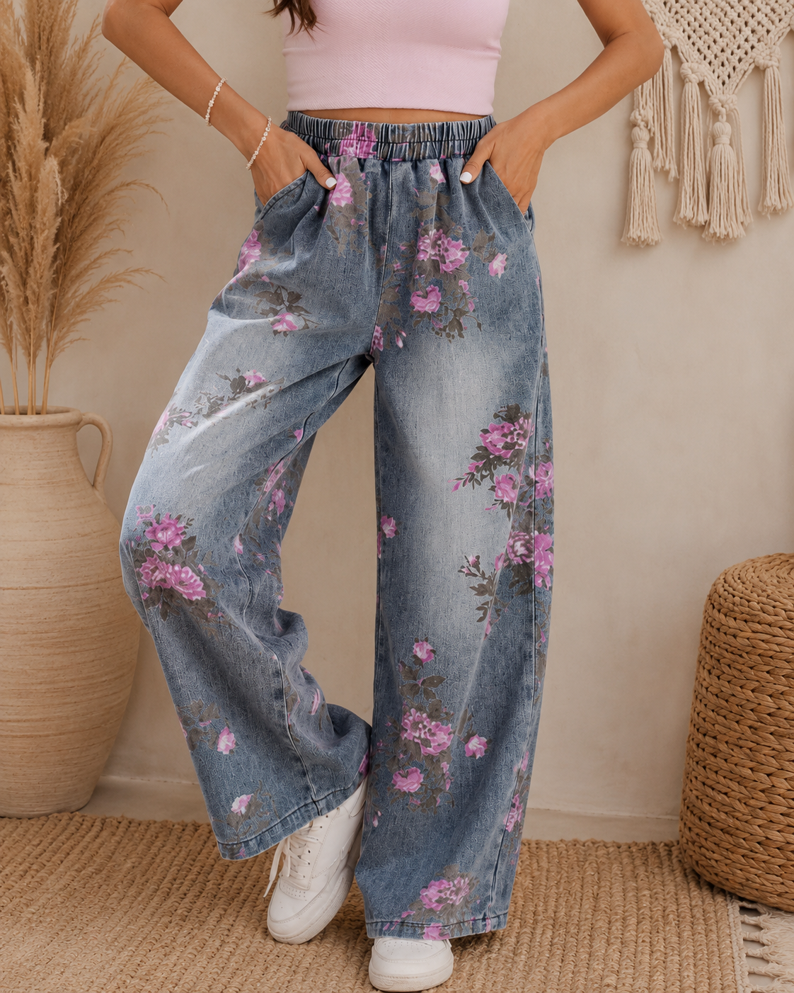 Bluebell Bloom Pull-On Jeans | Floral High Rise Relaxed Denim