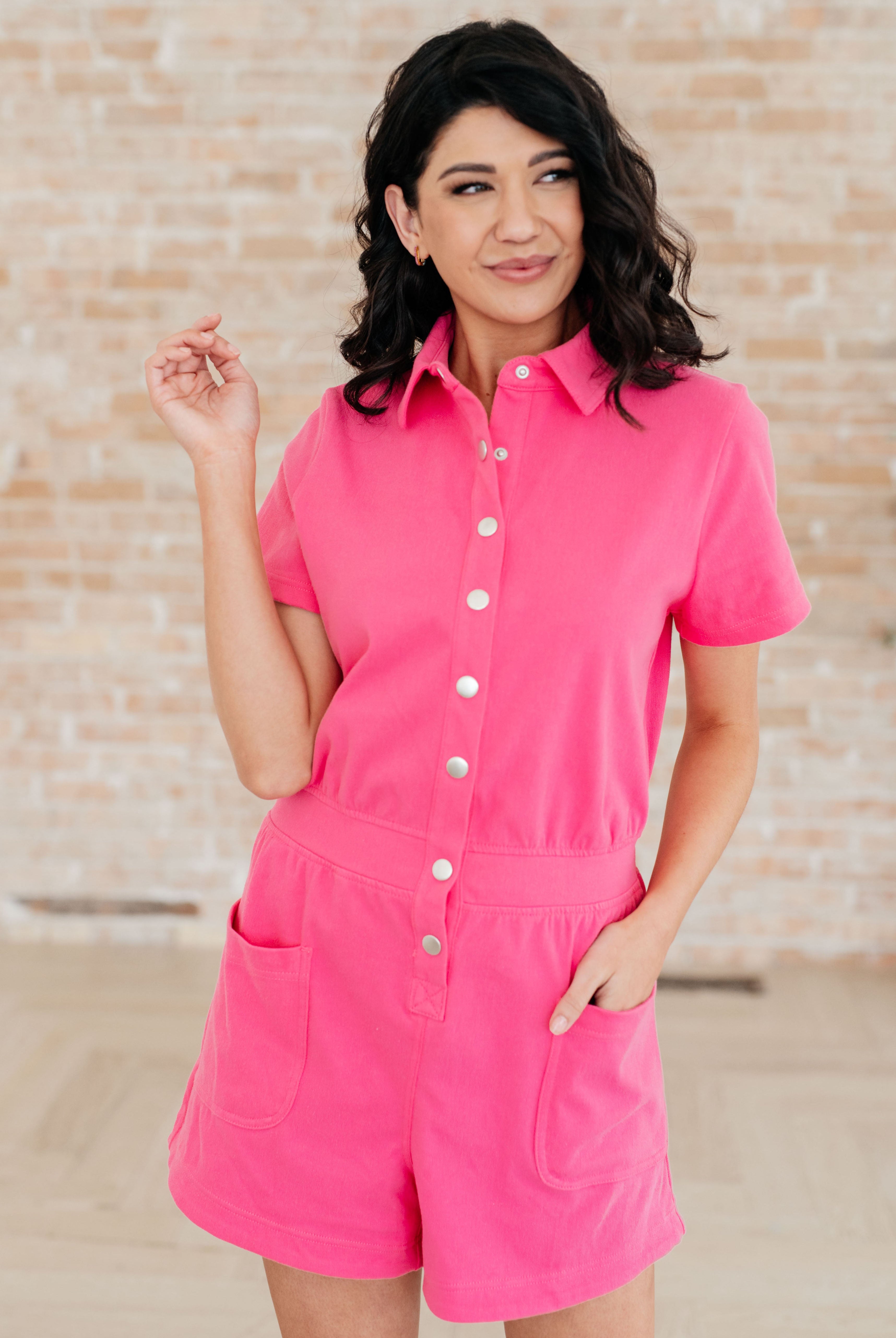 Break Point Collared Romper in Hot Pink-Jumpsuits & Rompers-Krush Kandy, Women's Online Fashion Boutique Located in Phoenix, Arizona (Scottsdale Area)