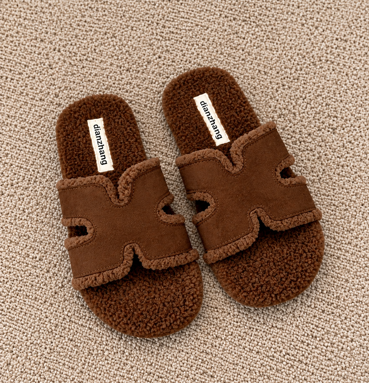 Brown Fuzzy Slippers on Beige Carpet.png