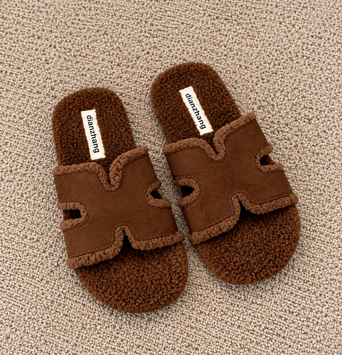 Brown Fuzzy Slippers on Beige Carpet.png