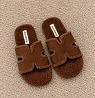 Brown Fuzzy Slippers on Beige Carpet.png