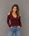 Sorelle Sculpt Ribbed Cold Shoulder V-Neck Top