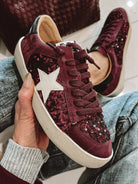 Sangria Sparkle Sequin Leather Sneakers-Sneakers-Krush Kandy, Women's Online Fashion Boutique Located in Phoenix, Arizona (Scottsdale Area)