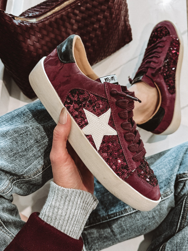 Sangria Sparkle Sequin Leather Sneakers-Sneakers-Krush Kandy, Women's Online Fashion Boutique Located in Phoenix, Arizona (Scottsdale Area)