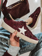 Sangria Sparkle Sequin Leather Sneakers-Sneakers-Krush Kandy, Women's Online Fashion Boutique Located in Phoenix, Arizona (Scottsdale Area)