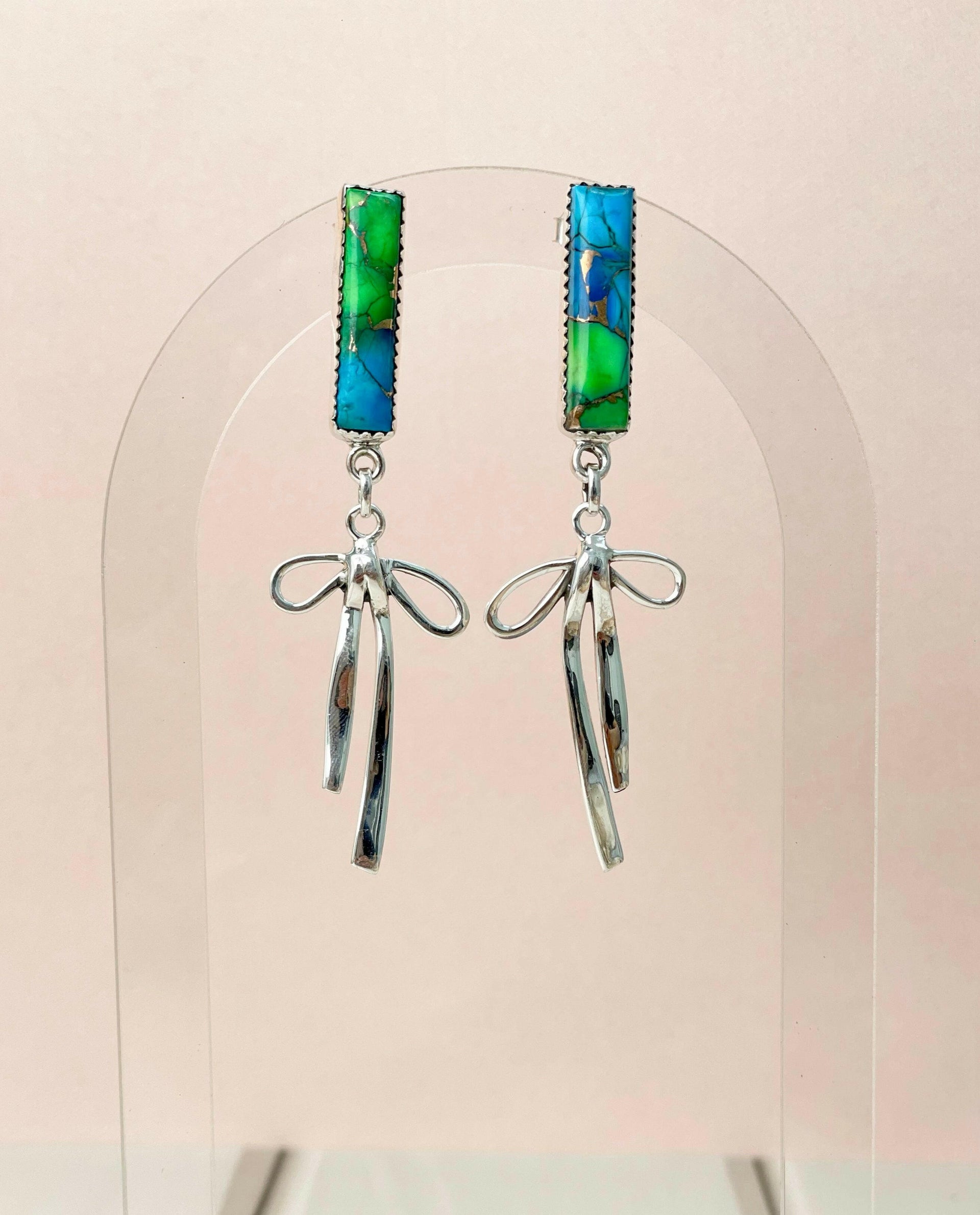 Peacock Dahlia Bar and Bow Earrings-Earrings-Krush Kandy, Women's Online Fashion Boutique Located in Phoenix, Arizona (Scottsdale Area)