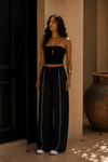 Black Contrast Piping Wide Leg Pants