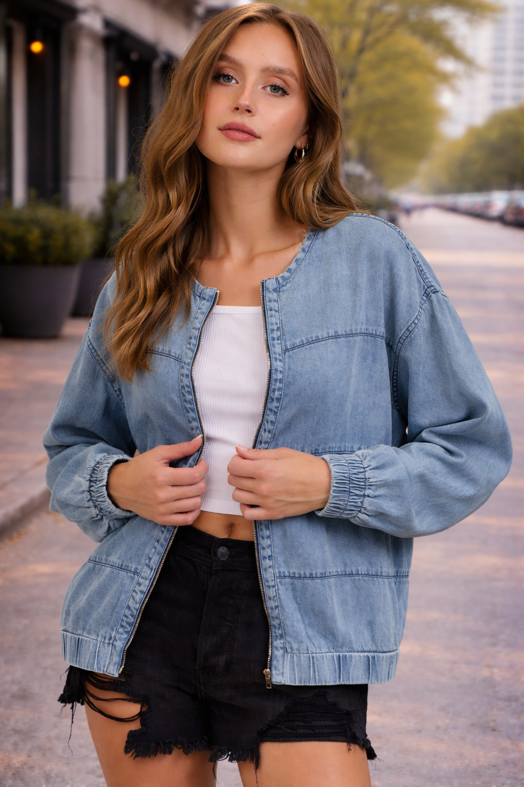 Denim Bomber Jacket with Zipper – Relaxed Oversized Fit | Krush