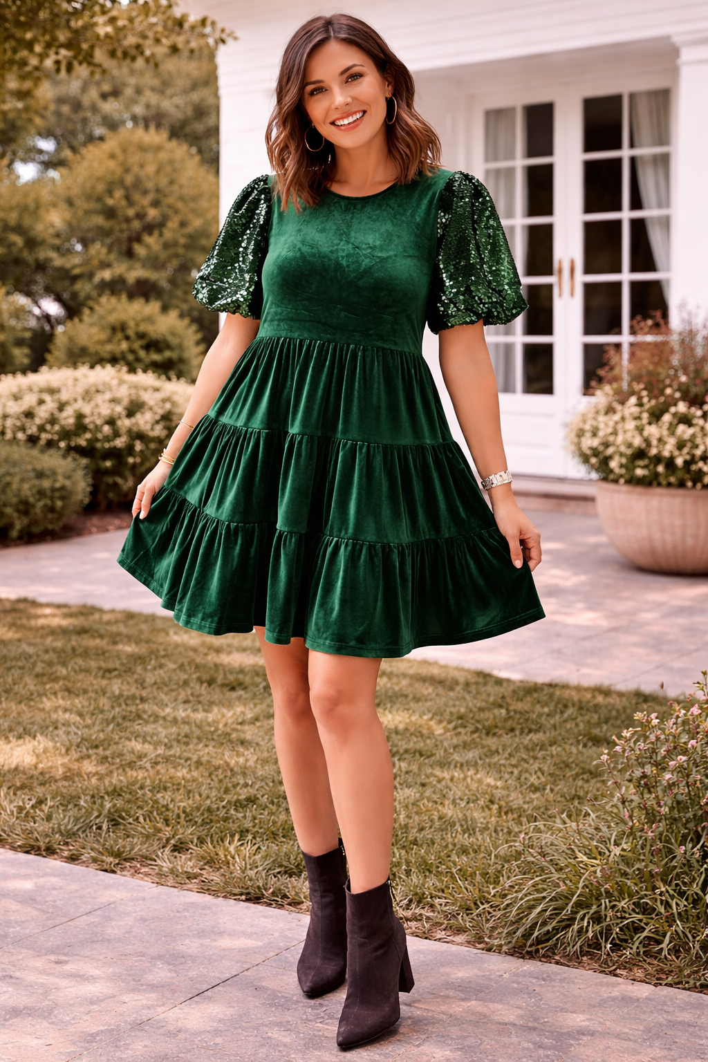Evergreen Velvet Sequin Sleeve Dress – Holiday Party Outfit