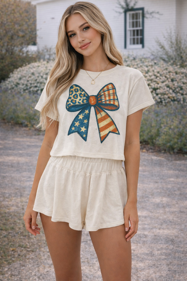 Leopard Flag Day Bow Print Loose Tee High Waist Skort Set