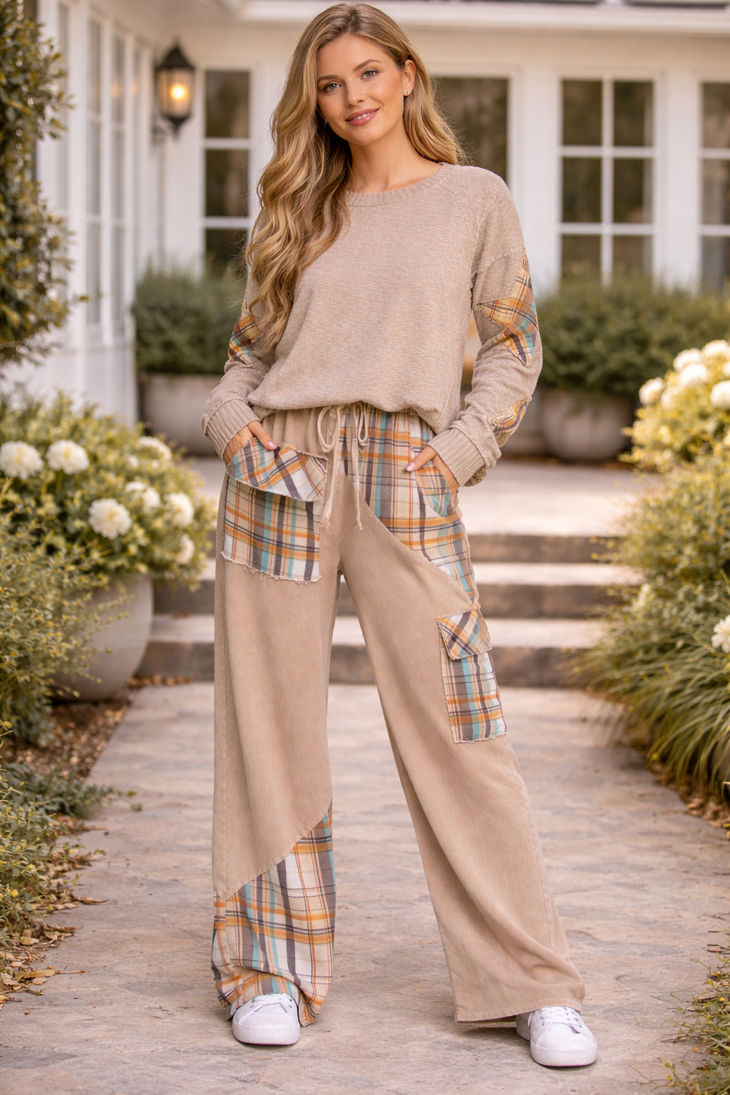 パンツ herliptoParisHighRiseJeans PlaidJacquard J.HER Mineral Wash Plaid Patched Straight Terry Pants – Krush Kandy