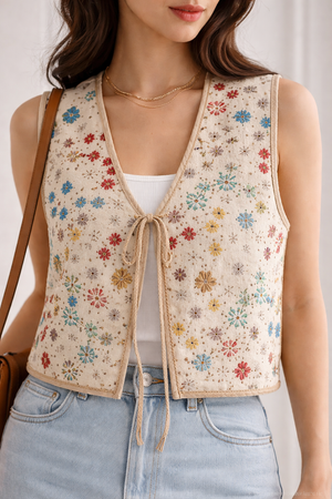 Floral Embroidered Tie-Front Vest | Vintage Sleeveless Layering