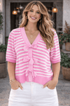 Stripe Short Sleeve Knit V Neck Bow Knot Sweater