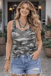 Camouflage Print Ribbed Knit Round Neck Tank Top