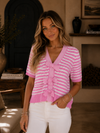 Stripe Short Sleeve Knit V Neck Bow Knot Sweater