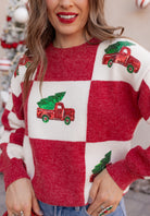 Red & White Holiday Checkered Pickup & Tree Sequin Knit Sweater | KKB EXCLUSIVE XS-3X-Sweater-Krush Kandy, Women's Online Fashion Boutique Located in Phoenix, Arizona (Scottsdale Area)
