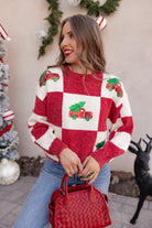 Red & White Holiday Checkered Pickup & Tree Sequin Knit Sweater | KKB EXCLUSIVE XS-3X-Sweater-Krush Kandy, Women's Online Fashion Boutique Located in Phoenix, Arizona (Scottsdale Area)