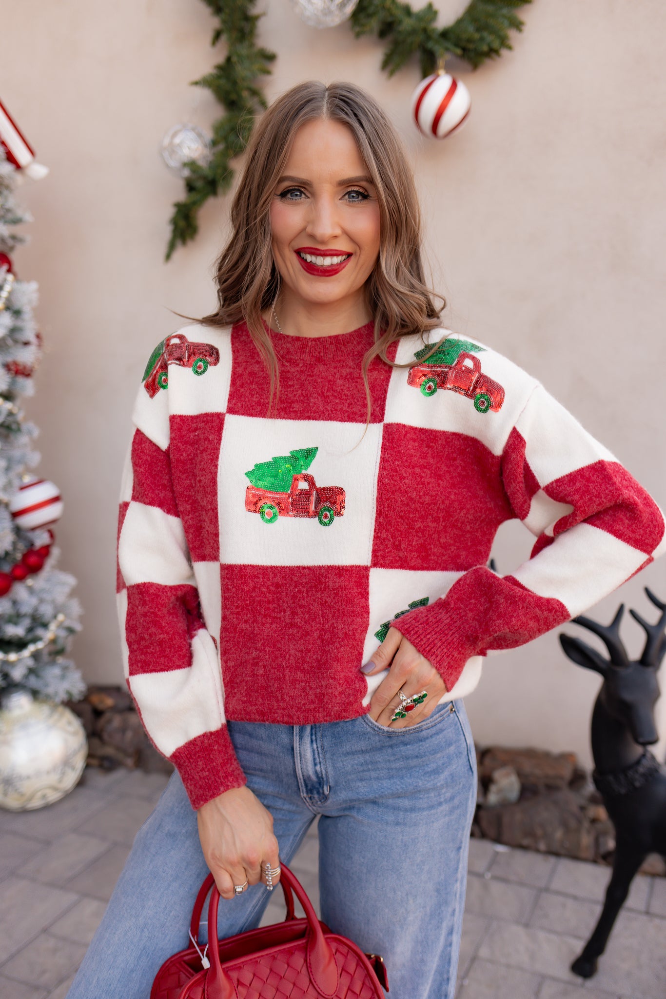 Red & White Holiday Checkered Pickup & Tree Sequin Knit Sweater | KKB EXCLUSIVE XS-3X-Sweater-Krush Kandy, Women's Online Fashion Boutique Located in Phoenix, Arizona (Scottsdale Area)