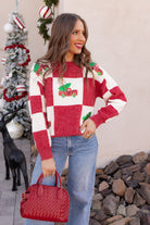 Red & White Holiday Checkered Pickup & Tree Sequin Knit Sweater | KKB EXCLUSIVE XS-3X-Sweater-Krush Kandy, Women's Online Fashion Boutique Located in Phoenix, Arizona (Scottsdale Area)