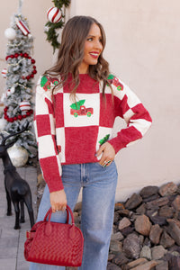 Red & White Holiday Checkered Pickup & Tree Sequin Knit Sweater | KKB EXCLUSIVE XS-3X