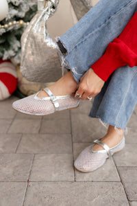Silver Mesh Ballet Flats with Adjustable Buckle