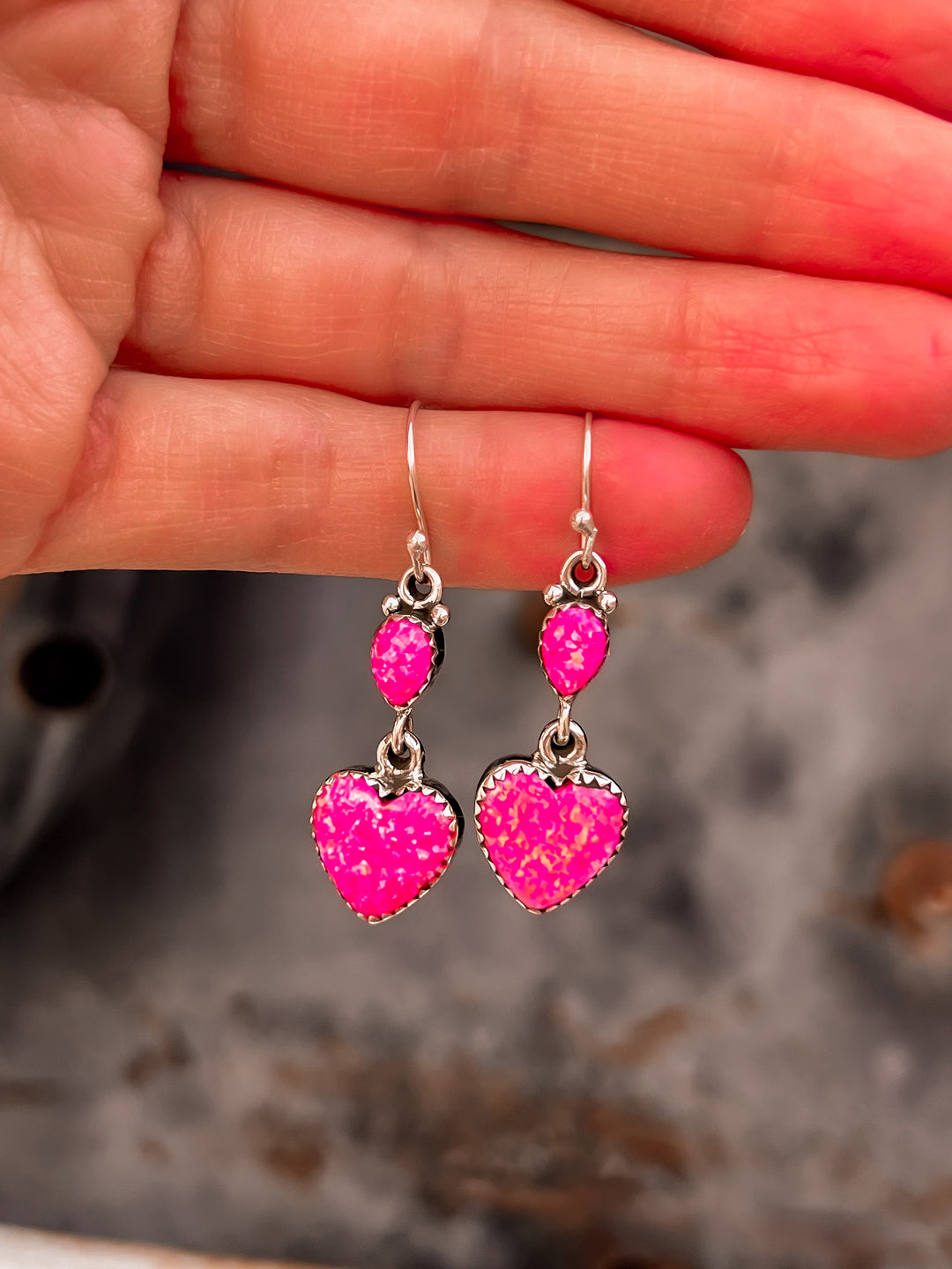 Neon Pink Opal Heart Dangle Sterling Silver Earring-Earrings-Krush Kandy, Women's Online Fashion Boutique Located in Phoenix, Arizona (Scottsdale Area)