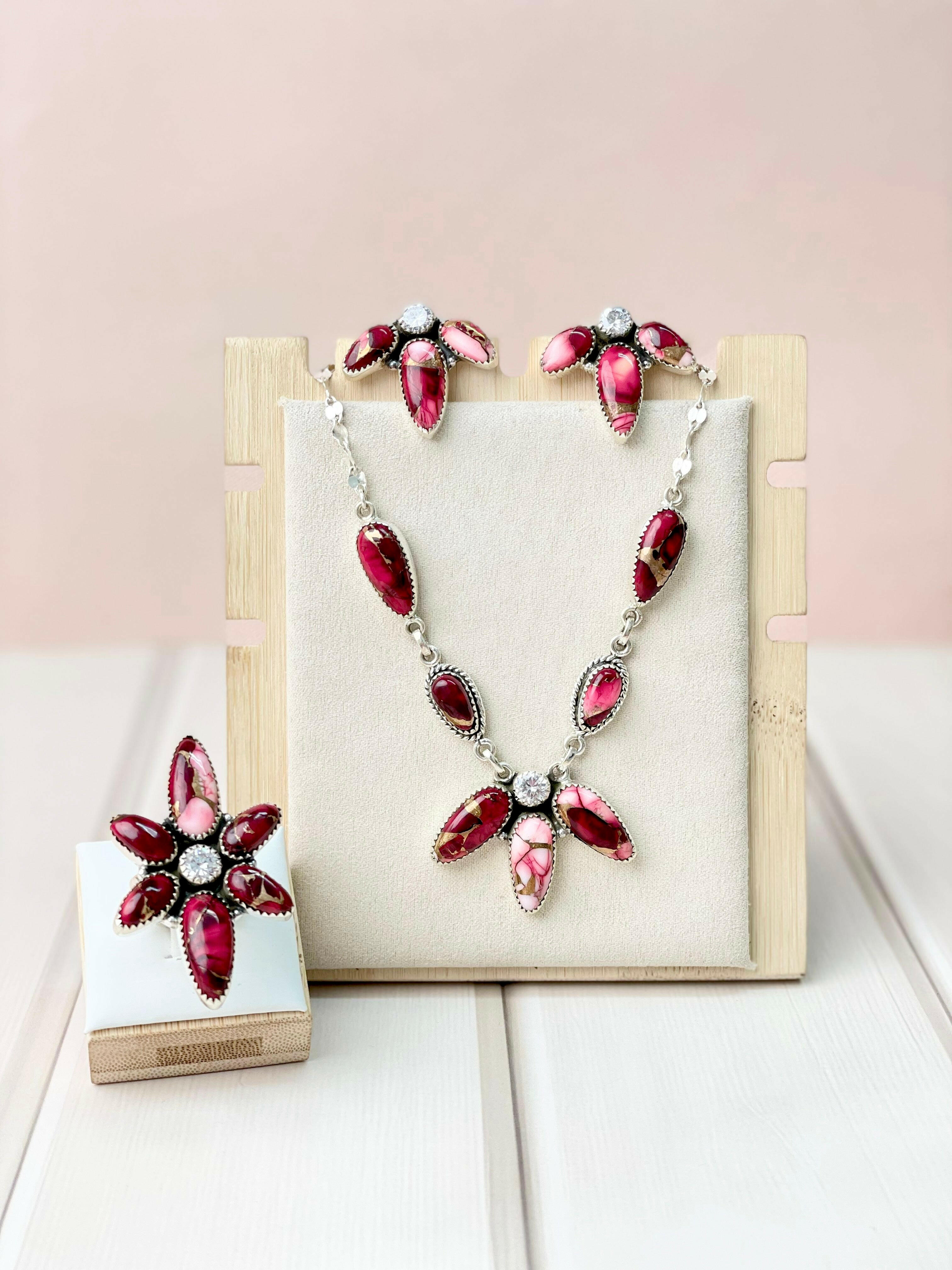 Red Rose Dahlia 3 Petal Set-Necklaces-Krush Kandy, Women's Online Fashion Boutique Located in Phoenix, Arizona (Scottsdale Area)