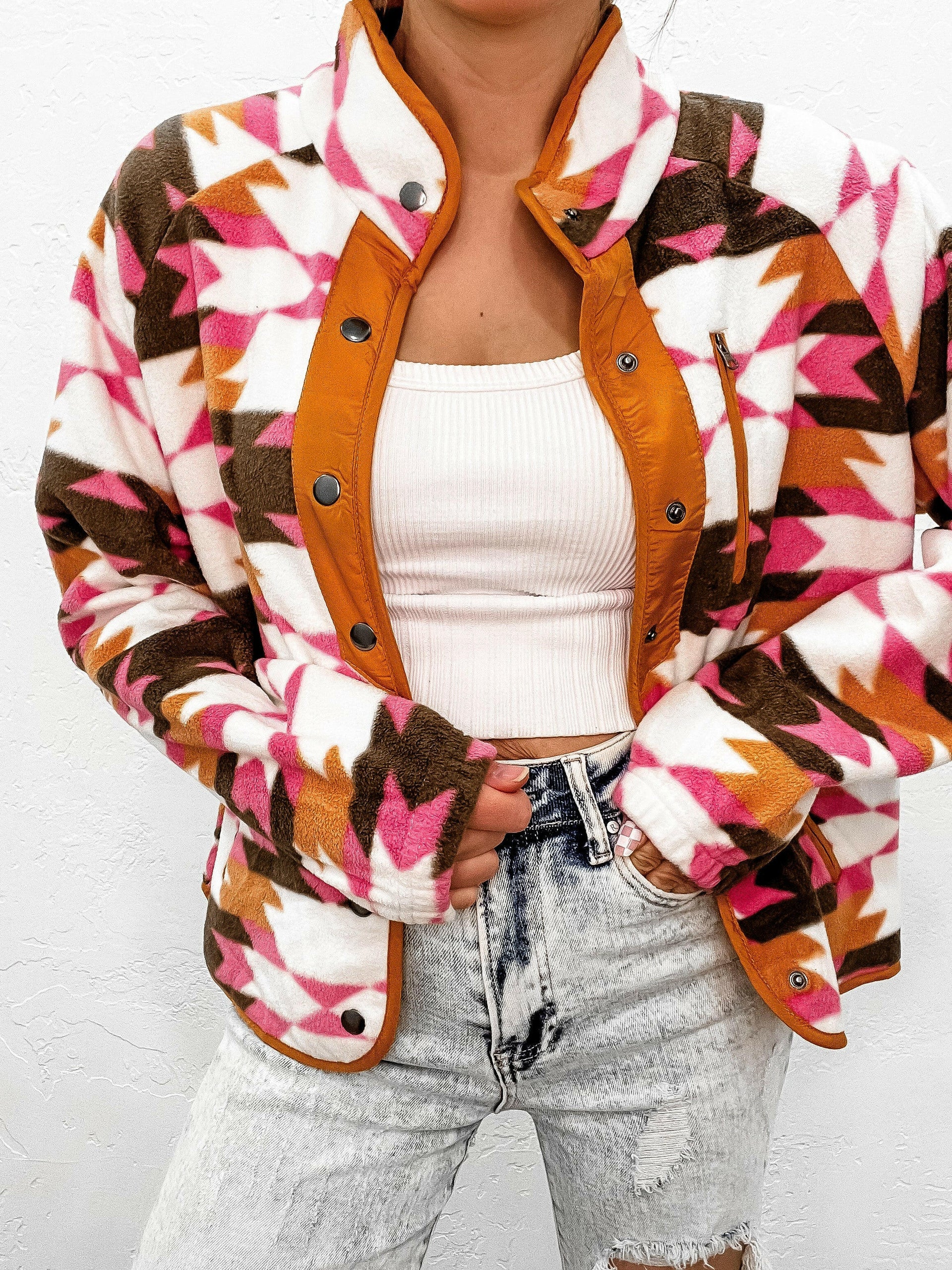 Pop of Pink Western Aztec Fleece Snap Button Jacket-Jackets-Krush Kandy, Women's Online Fashion Boutique Located in Phoenix, Arizona (Scottsdale Area)