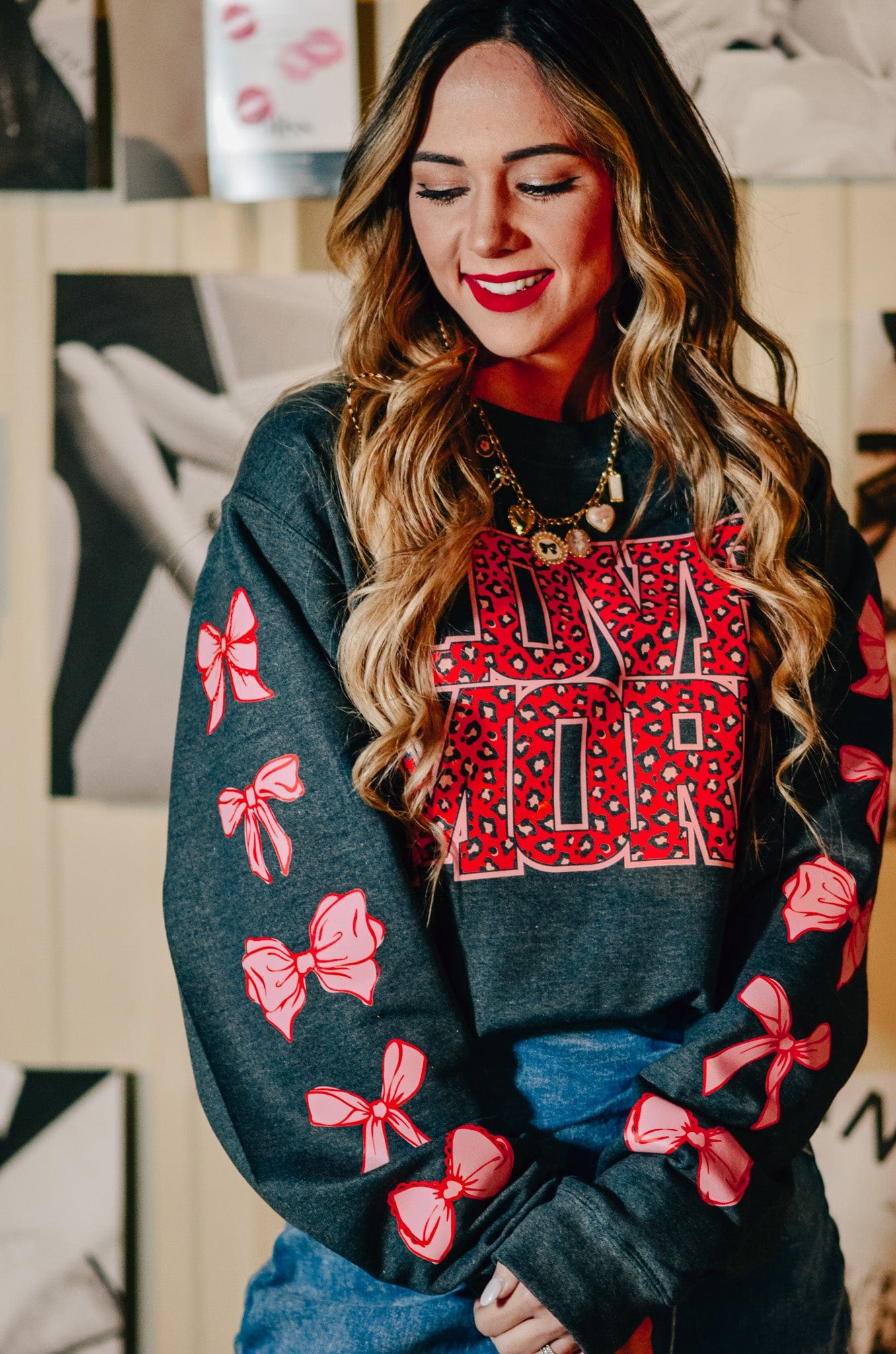 Love More Leopard & Bows Sweatshirt-Krush Kandy, Women's Online Fashion Boutique Located in Phoenix, Arizona (Scottsdale Area)