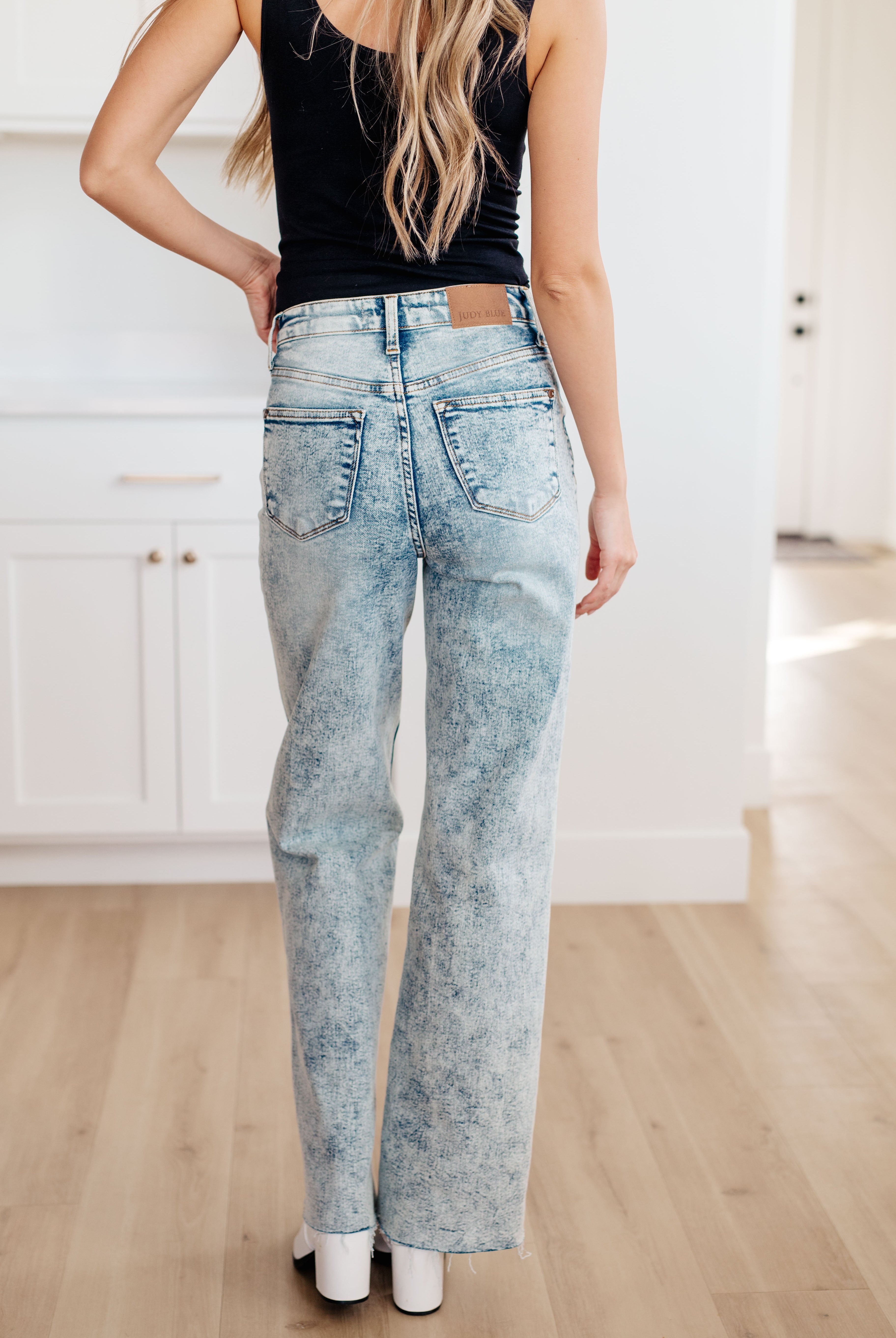 JUDY BLUE Dory High Waist Mineral Wash Raw Hem Wide Leg Jeans-Jeans-Krush Kandy, Women's Online Fashion Boutique Located in Phoenix, Arizona (Scottsdale Area)