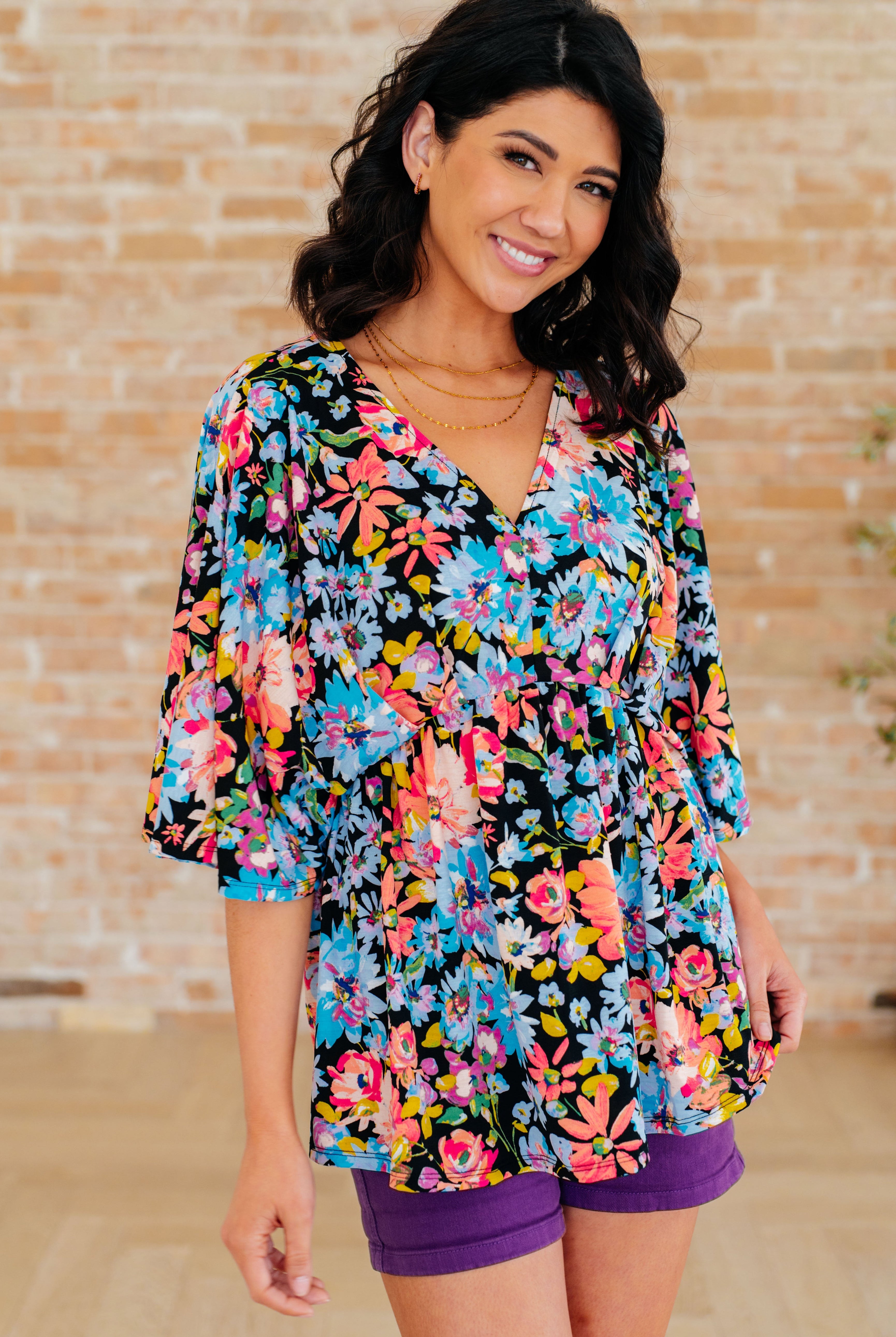 Dreamer Peplum Top in Black Multi Floral-Long Sleeve Tops-Krush Kandy, Women's Online Fashion Boutique Located in Phoenix, Arizona (Scottsdale Area)