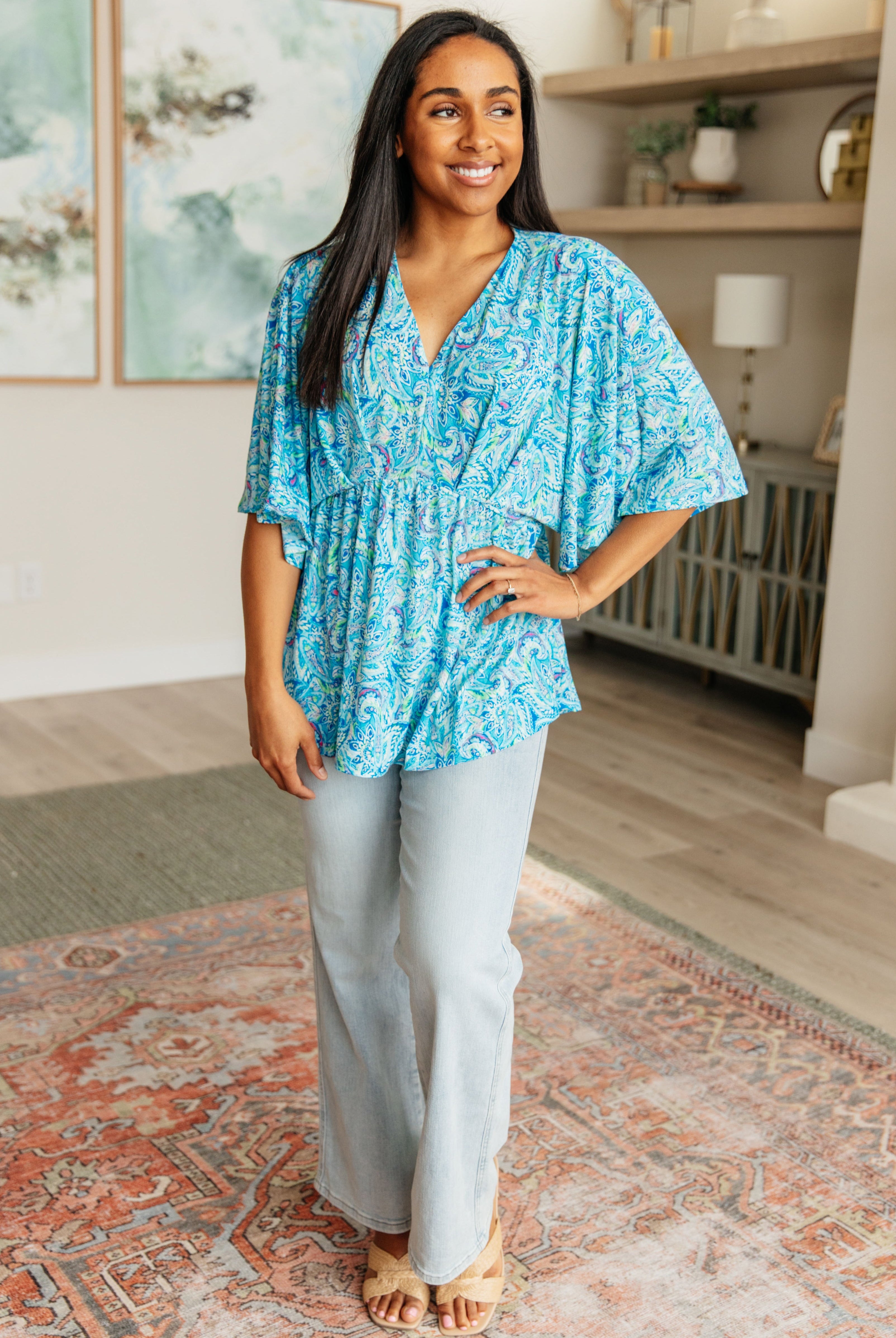 Dreamer Peplum Top in Blue and Teal Paisley-Long Sleeve Tops-Krush Kandy, Women's Online Fashion Boutique Located in Phoenix, Arizona (Scottsdale Area)