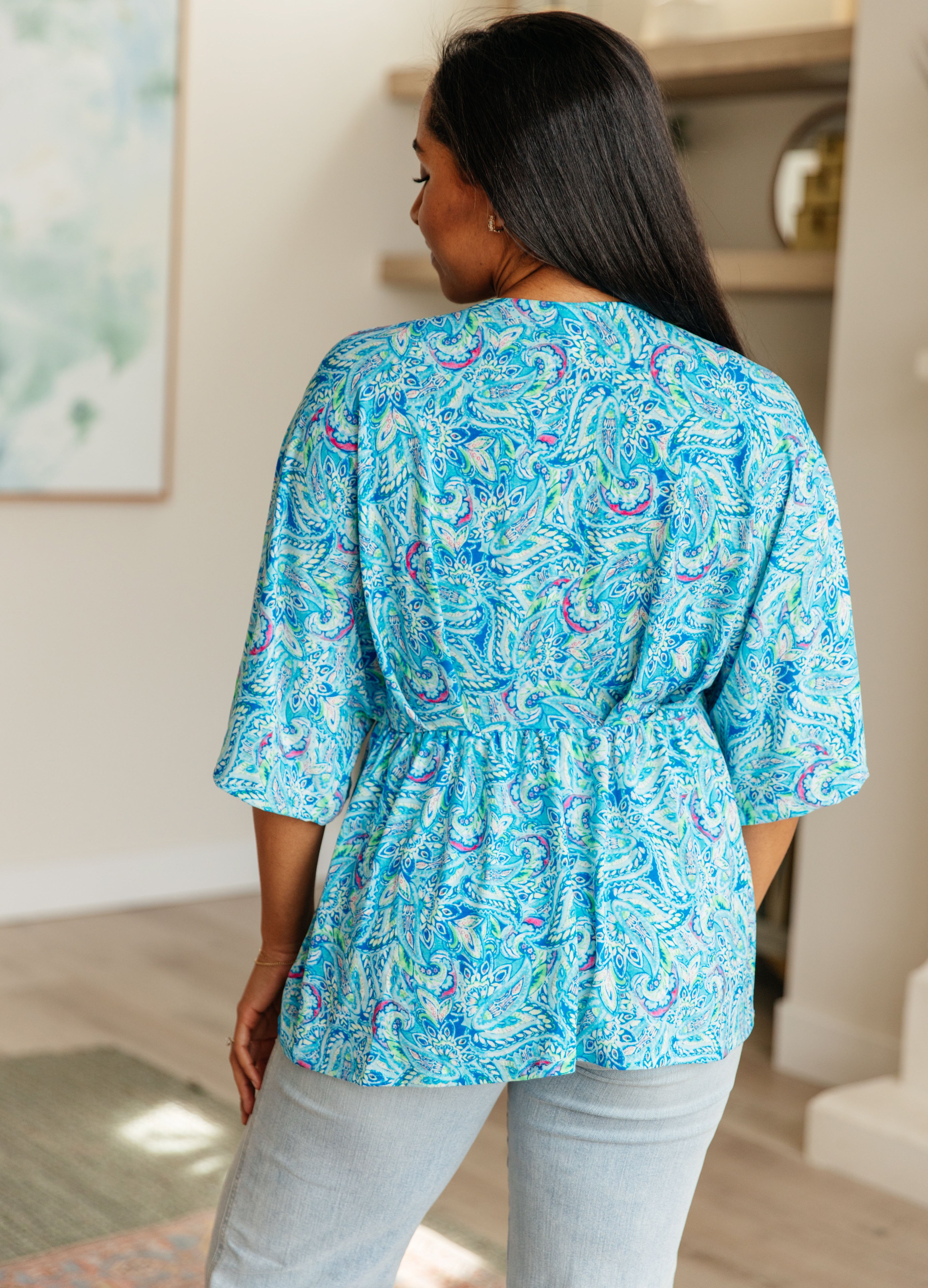 Dreamer Peplum Top in Blue and Teal Paisley-Long Sleeve Tops-Krush Kandy, Women's Online Fashion Boutique Located in Phoenix, Arizona (Scottsdale Area)