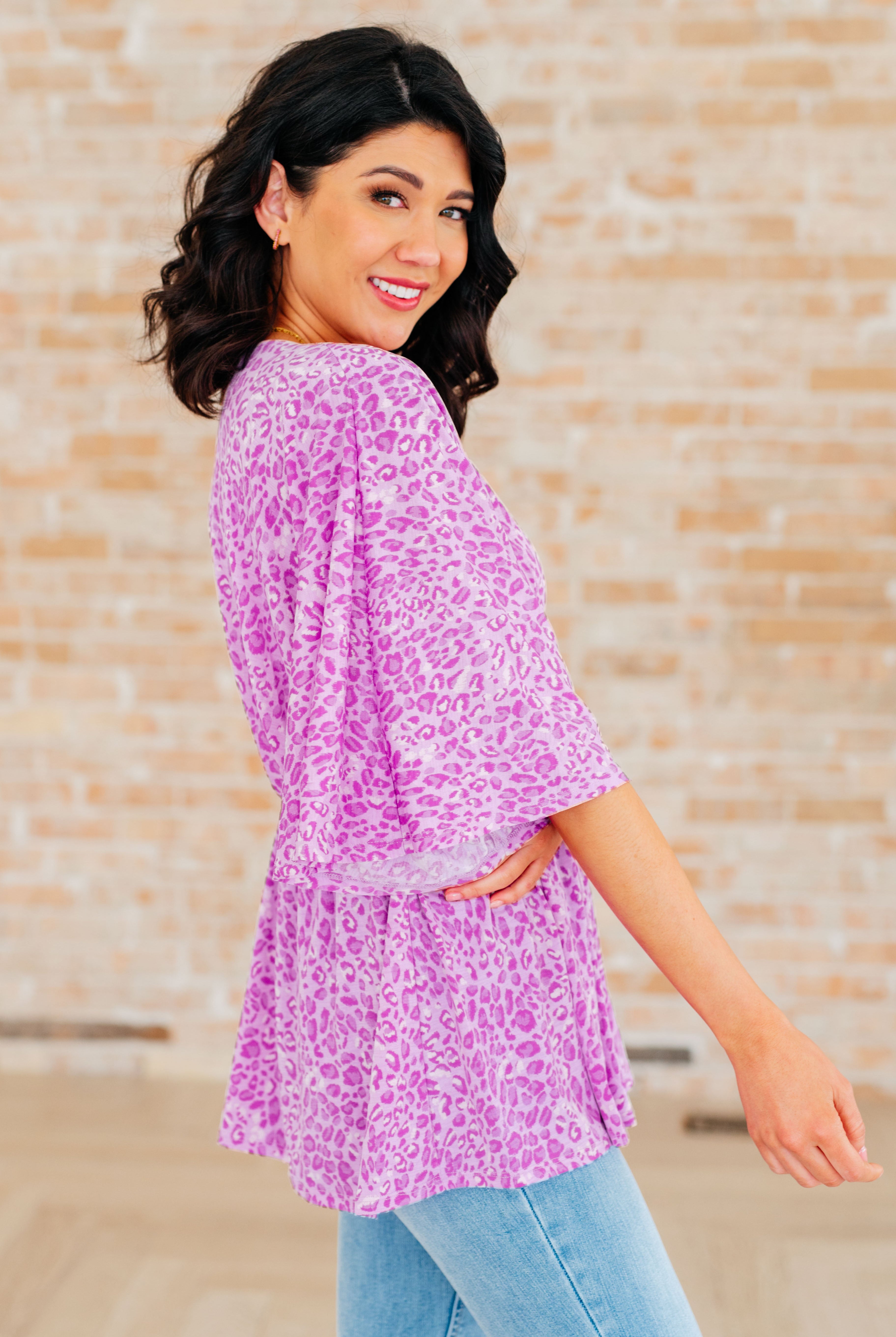 Dreamer Peplum Top in Lavender Leopard-Long Sleeve Tops-Krush Kandy, Women's Online Fashion Boutique Located in Phoenix, Arizona (Scottsdale Area)