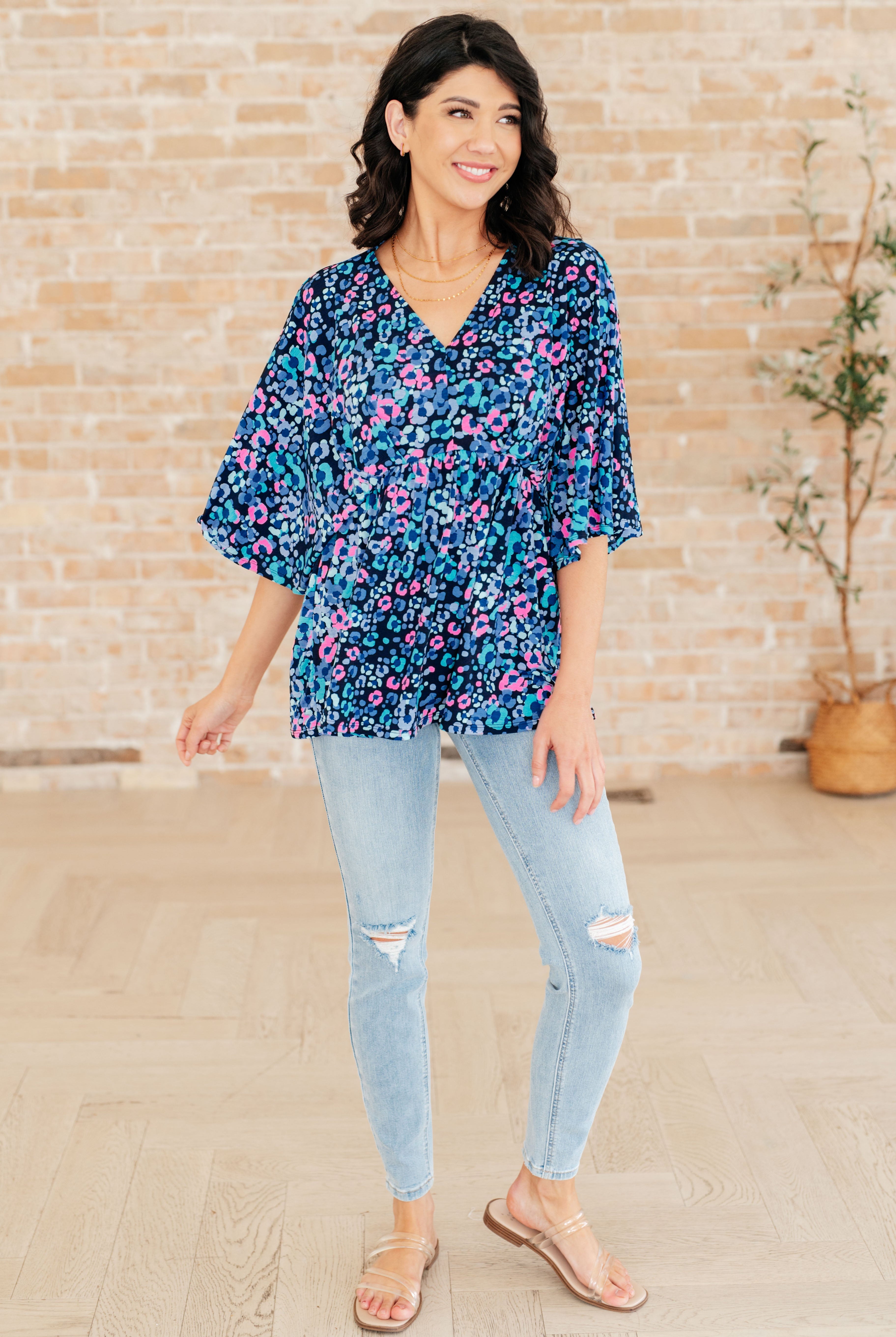 Dreamer Peplum Top in Navy and Lavender Animal Print-Long Sleeve Tops-Krush Kandy, Women's Online Fashion Boutique Located in Phoenix, Arizona (Scottsdale Area)