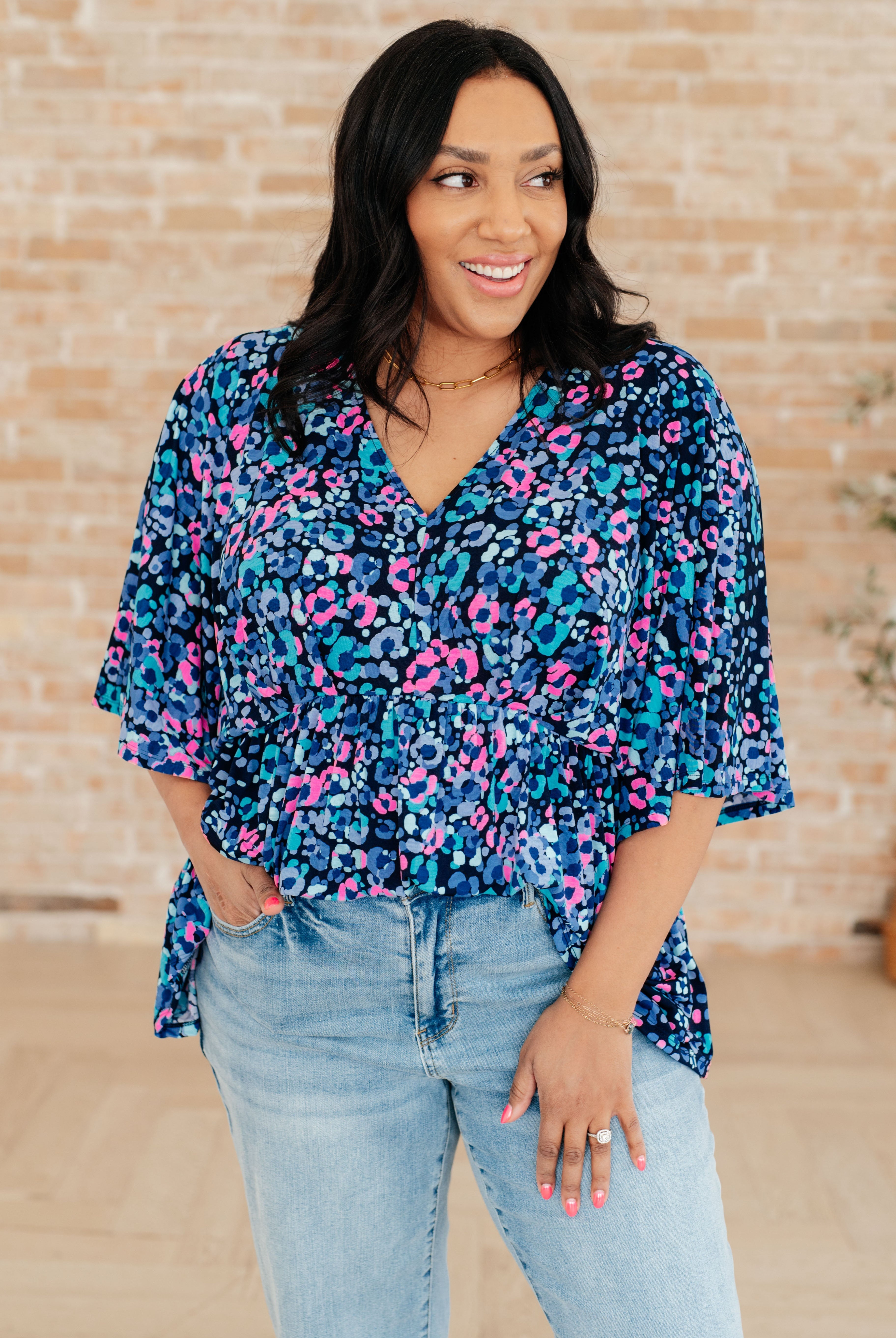 Dreamer Peplum Top in Navy and Lavender Animal Print-Long Sleeve Tops-Krush Kandy, Women's Online Fashion Boutique Located in Phoenix, Arizona (Scottsdale Area)