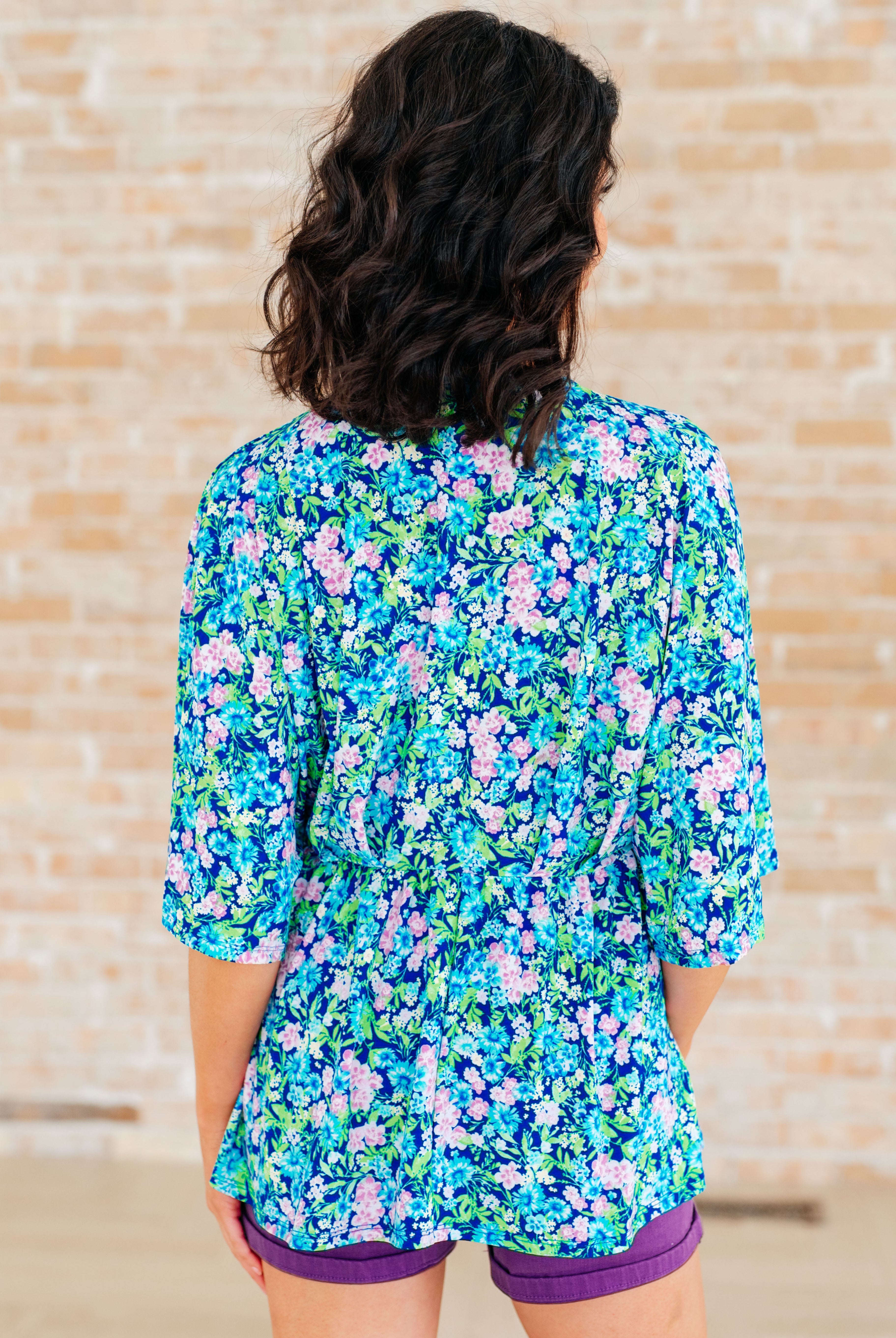 Dreamer Peplum Top in Navy and Mint Floral-Long Sleeve Tops-Krush Kandy, Women's Online Fashion Boutique Located in Phoenix, Arizona (Scottsdale Area)