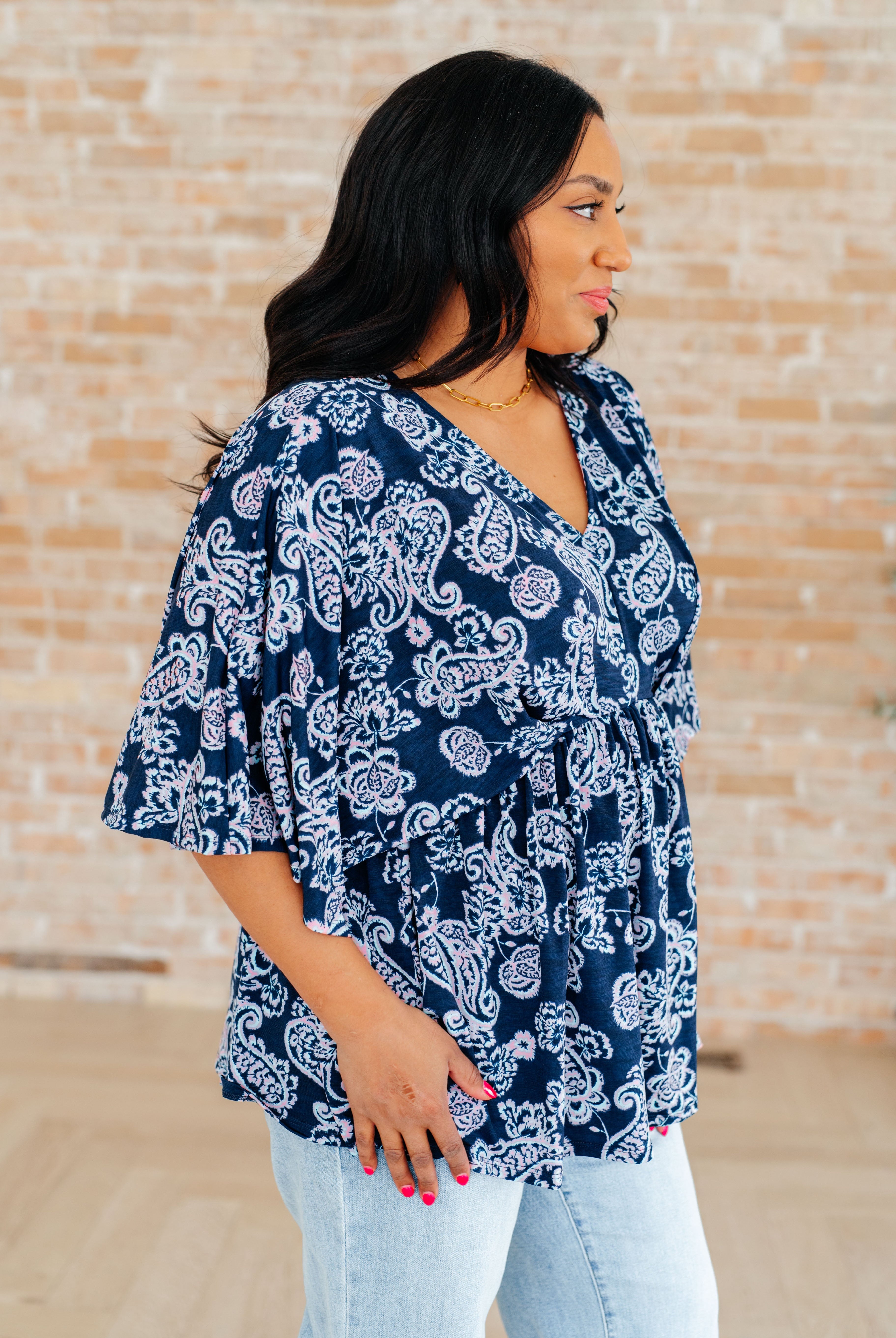 Dreamer Peplum Top in Navy and Pink Paisley-Long Sleeve Tops-Krush Kandy, Women's Online Fashion Boutique Located in Phoenix, Arizona (Scottsdale Area)