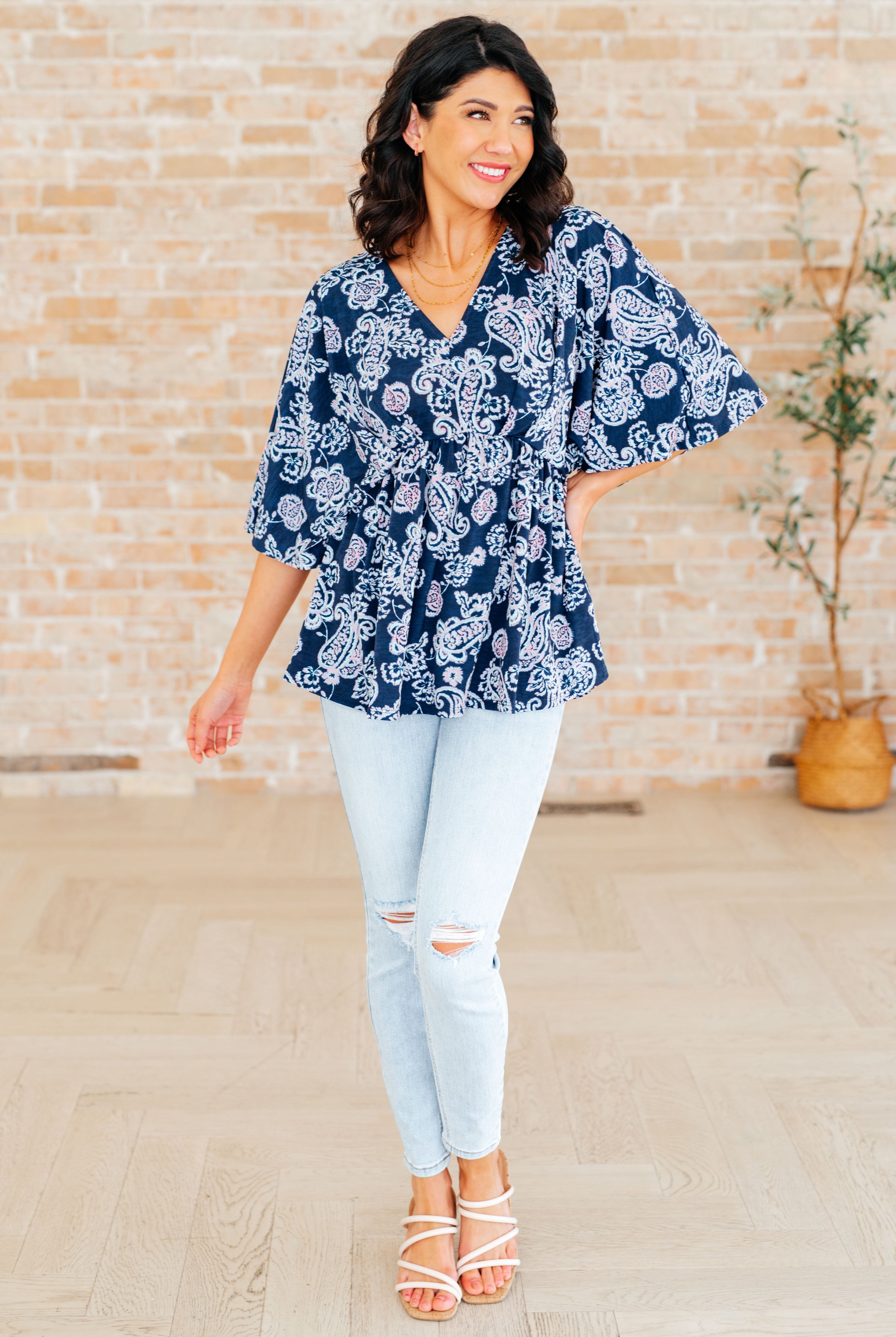 Dreamer Peplum Top in Navy and Pink Paisley-Long Sleeve Tops-Krush Kandy, Women's Online Fashion Boutique Located in Phoenix, Arizona (Scottsdale Area)