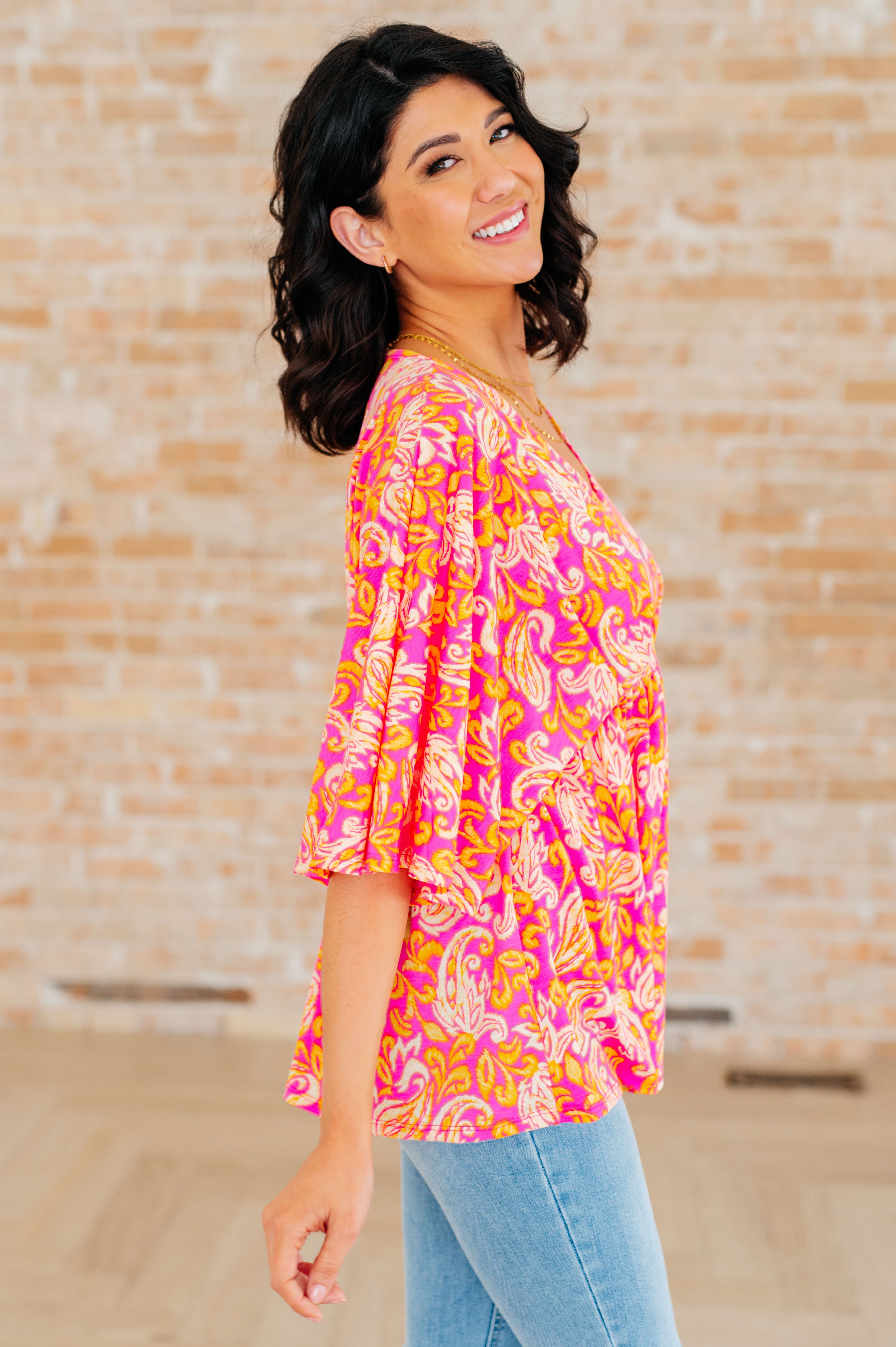 Dreamer Peplum Top in Pink Filigree-Long Sleeve Tops-Krush Kandy, Women's Online Fashion Boutique Located in Phoenix, Arizona (Scottsdale Area)